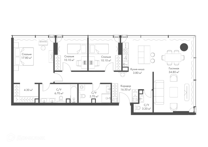 3-комнатная квартира 113 м² Слава