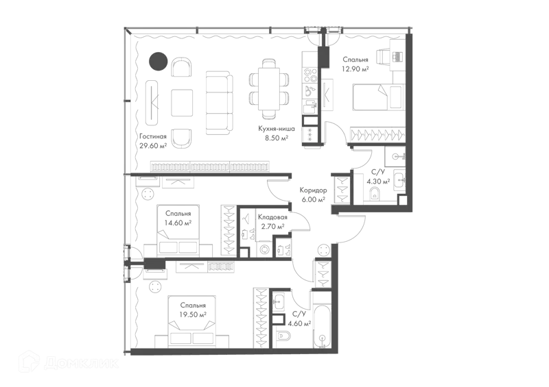 3-комнатная квартира 102.7 м² Слава