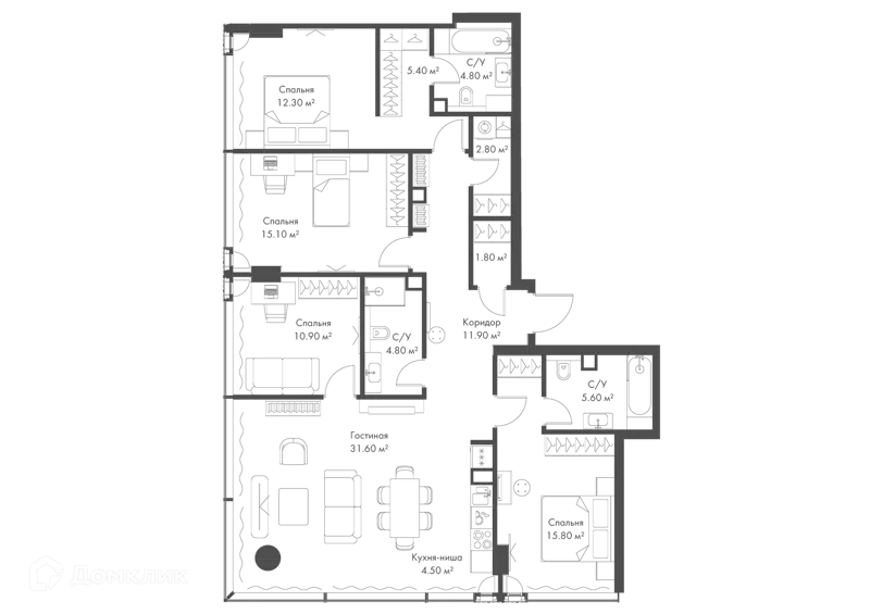 4-комнатная квартира 127.3 м² Слава