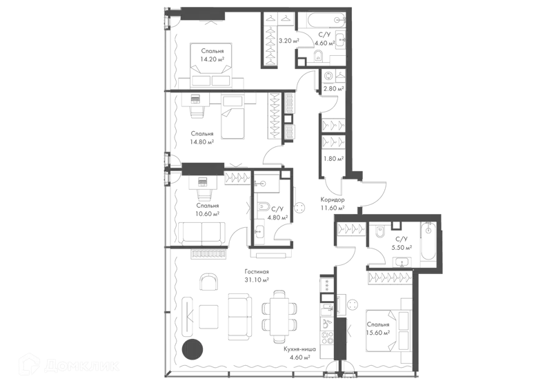4-комнатная квартира 125.2 м² Слава