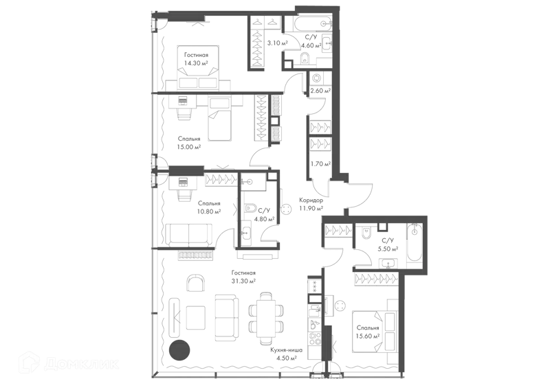 4-комнатная квартира 125.7 м² Слава