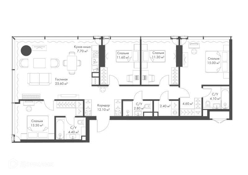 4-комнатная квартира 115.1 м² Слава