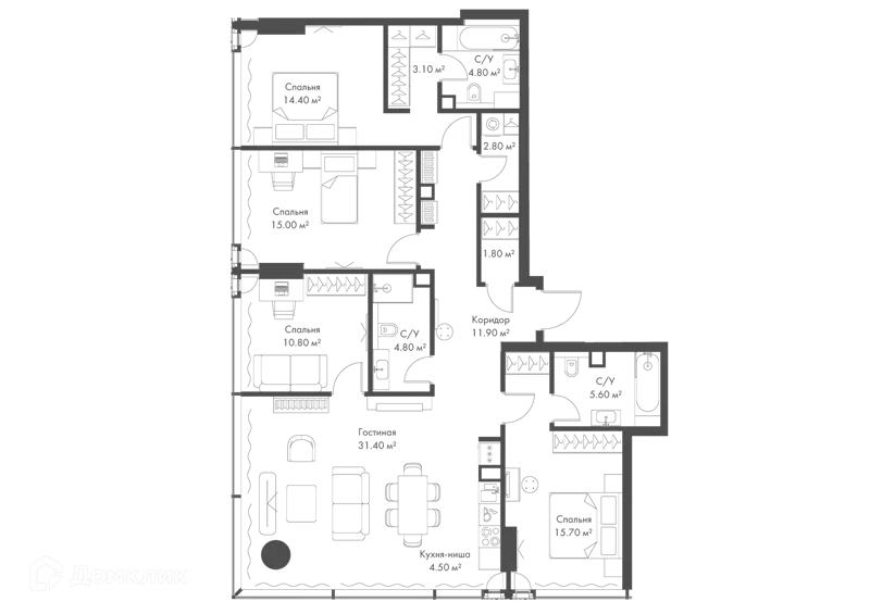 4-комнатная квартира 126.6 м² Слава