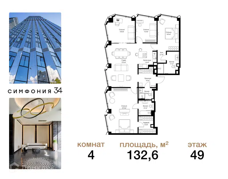 4-комнатная квартира 132.6 м² Симфония 34