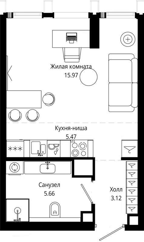 Студия 30.3 м² МОД