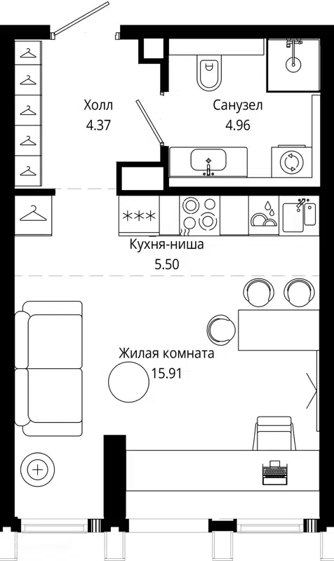 Студия 30.7 м² МОД