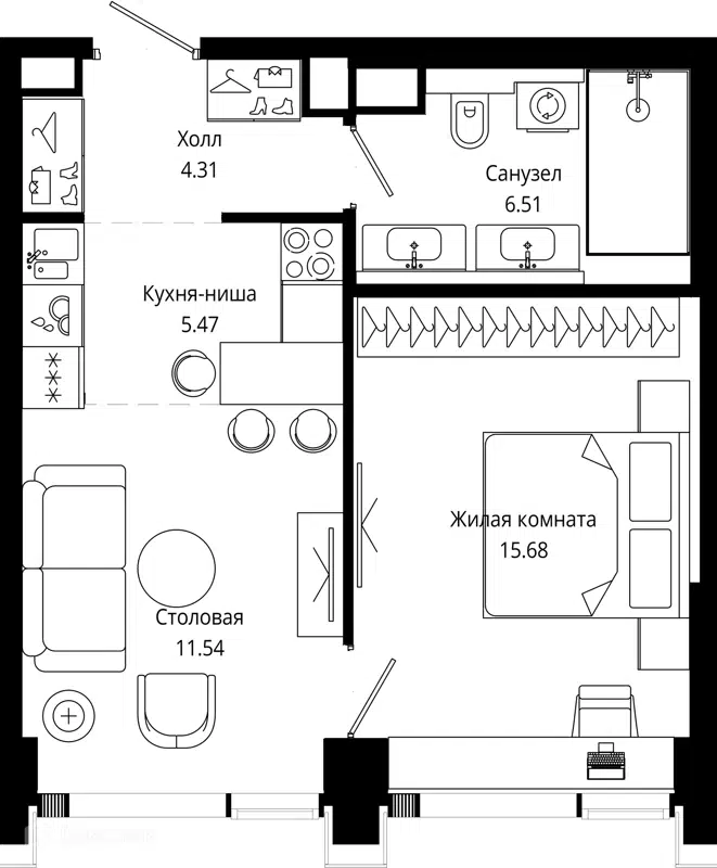 1-комнатная квартира 43.5 м² МОД