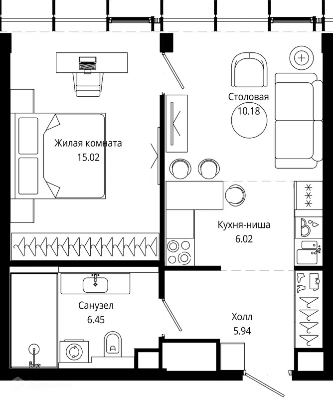 1-комнатная квартира 43.9 м² МОД
