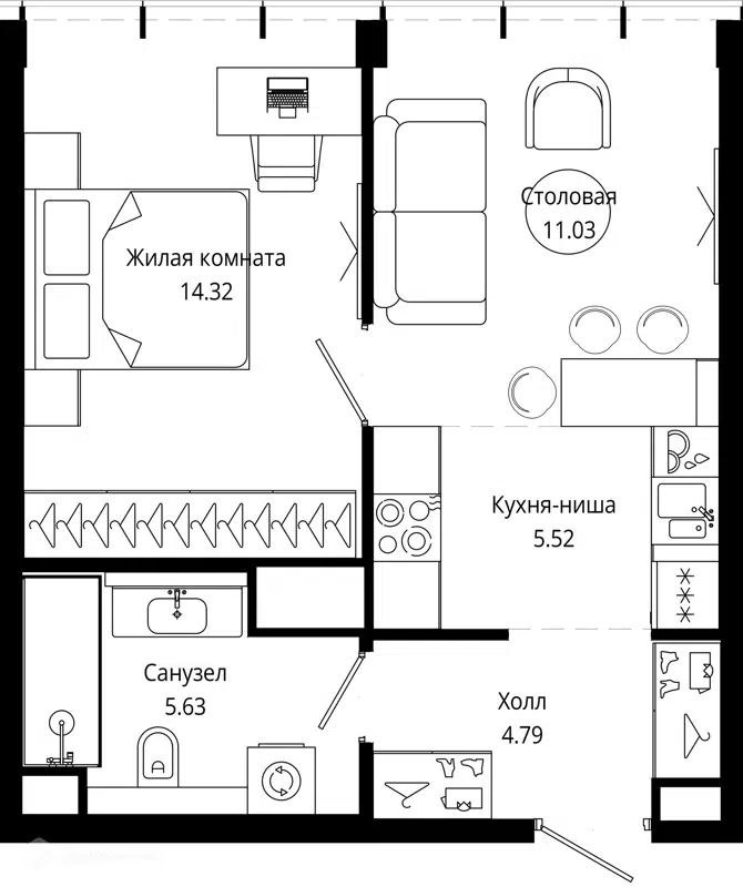 1-комнатная квартира 41.2 м² МОД