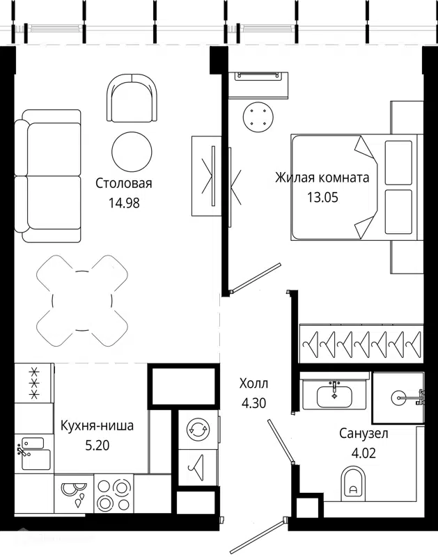 1-комнатная квартира 41.5 м² МОД