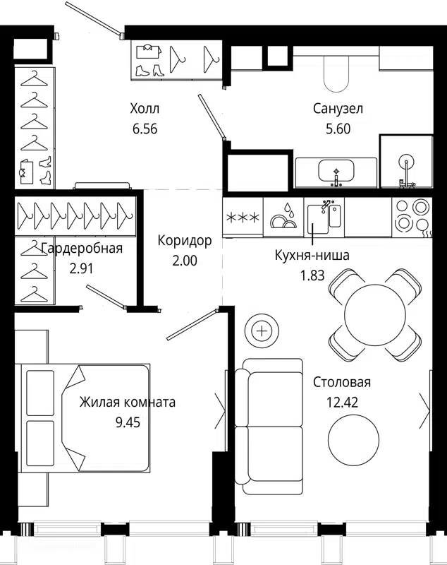 1-комнатная квартира 39.9 м² МОД