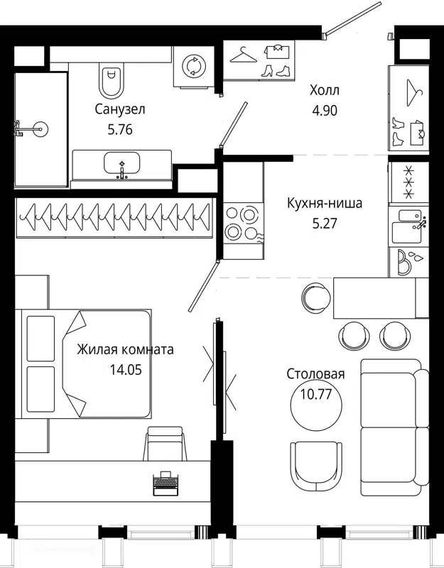 1-комнатная квартира 40.7 м² МОД