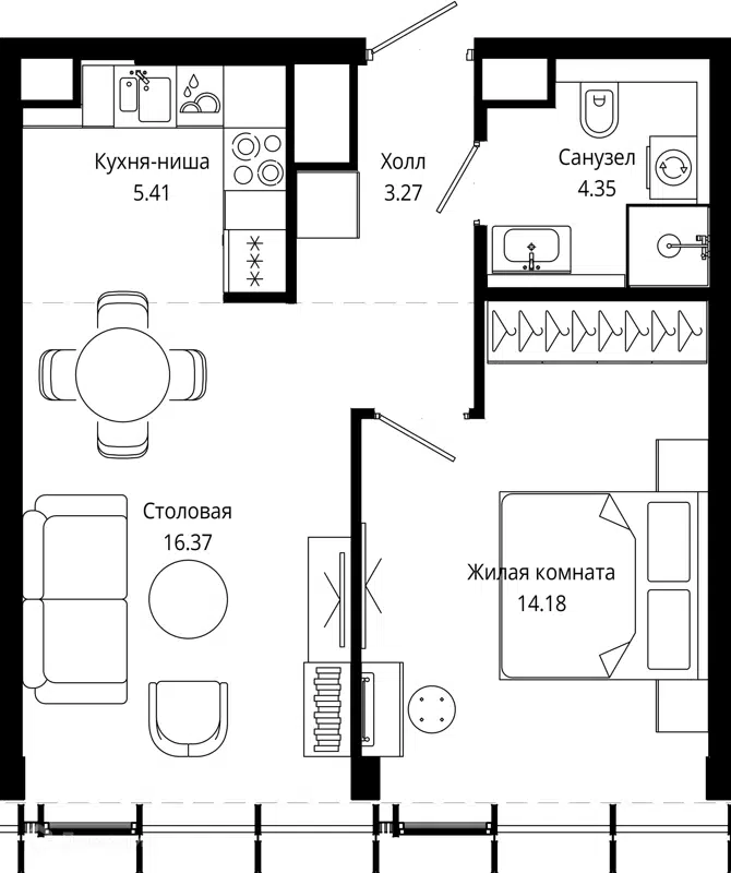 1-комнатная квартира 44 м² МОД