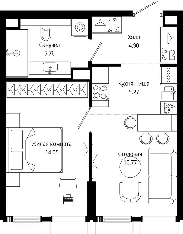 1-комнатная квартира 40.4 м² МОД