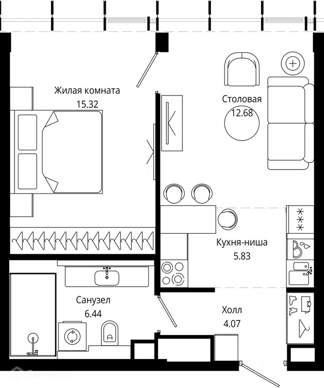 1-комнатная квартира 44.1 м² МОД