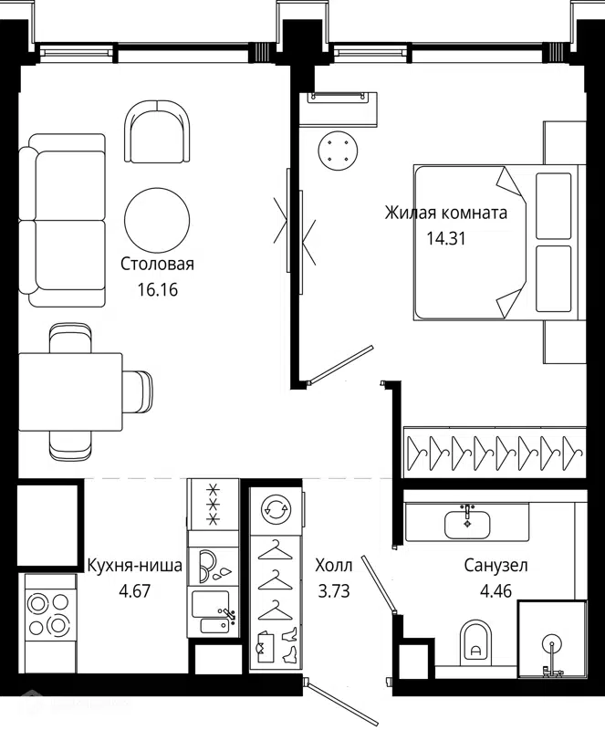 1-комнатная квартира 43.8 м² МОД