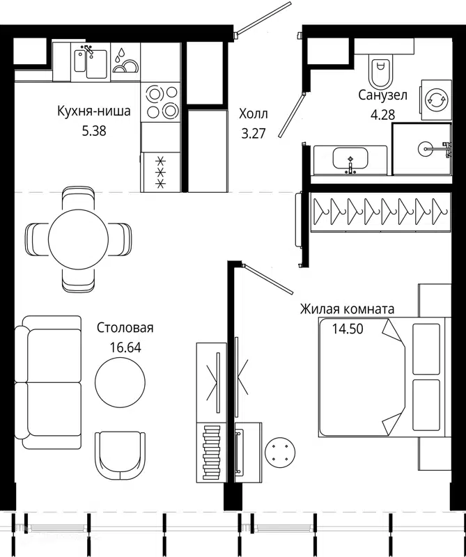 1-комнатная квартира 44 м² МОД