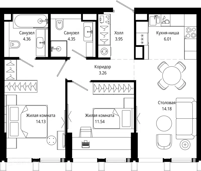 2-комнатная квартира 61.9 м² МОД