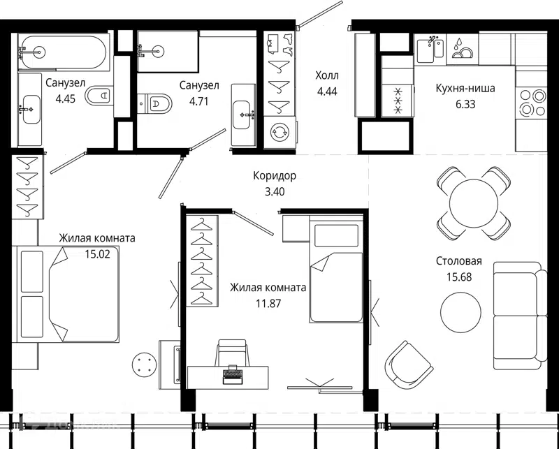 2-комнатная квартира 66.8 м² МОД