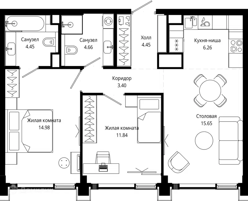 2-комнатная квартира 65.69 м² МОД