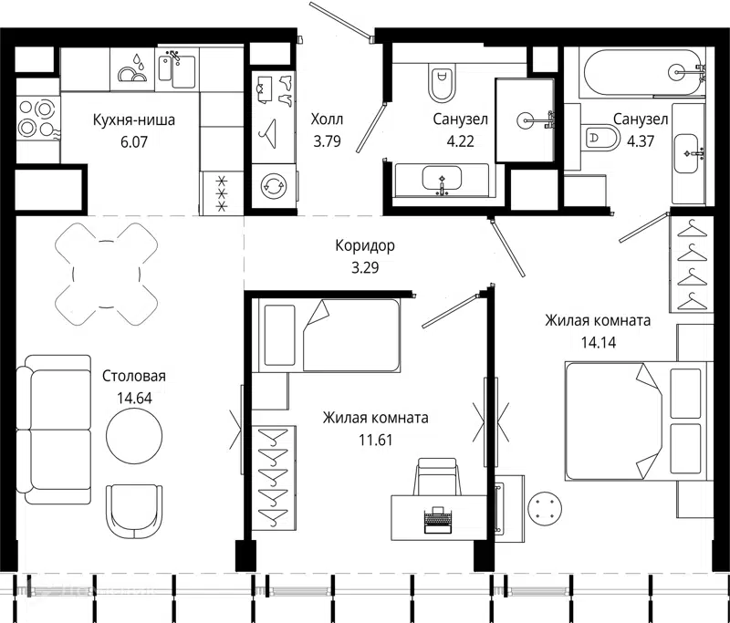 2-комнатная квартира 62.1 м² МОД