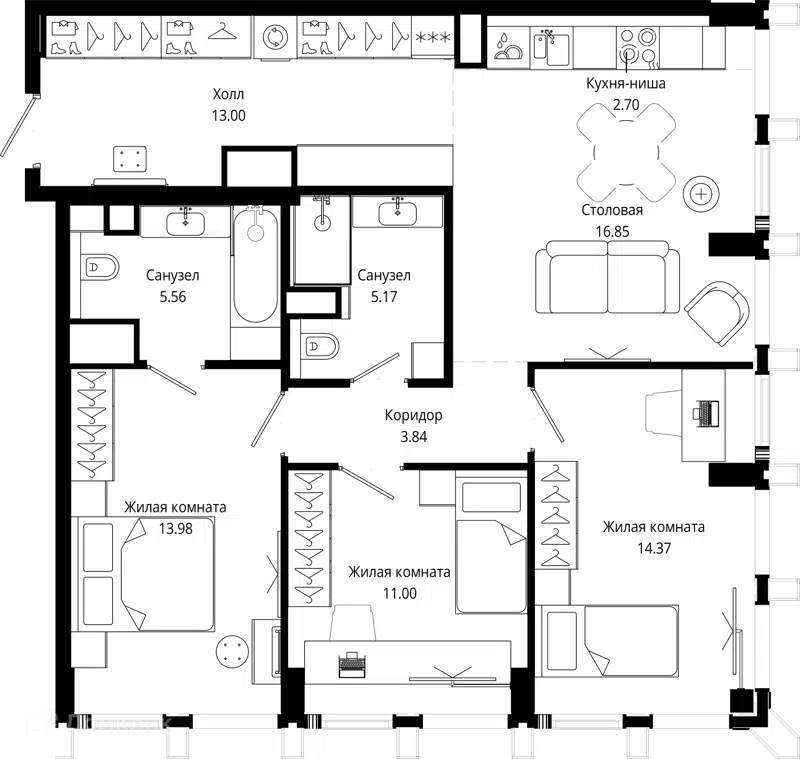 3-комнатная квартира 86.5 м² МОД