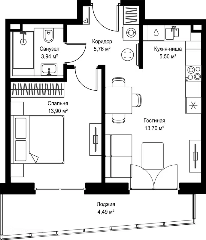 1-комнатная квартира 47.29 м² Селигер Сити