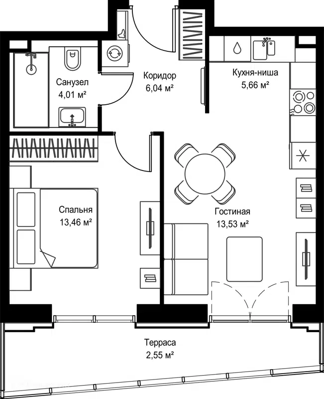 1-комнатная квартира 45.25 м² Селигер Сити