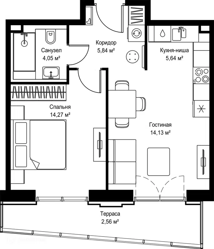 1-комнатная квартира 46.49 м² Селигер Сити