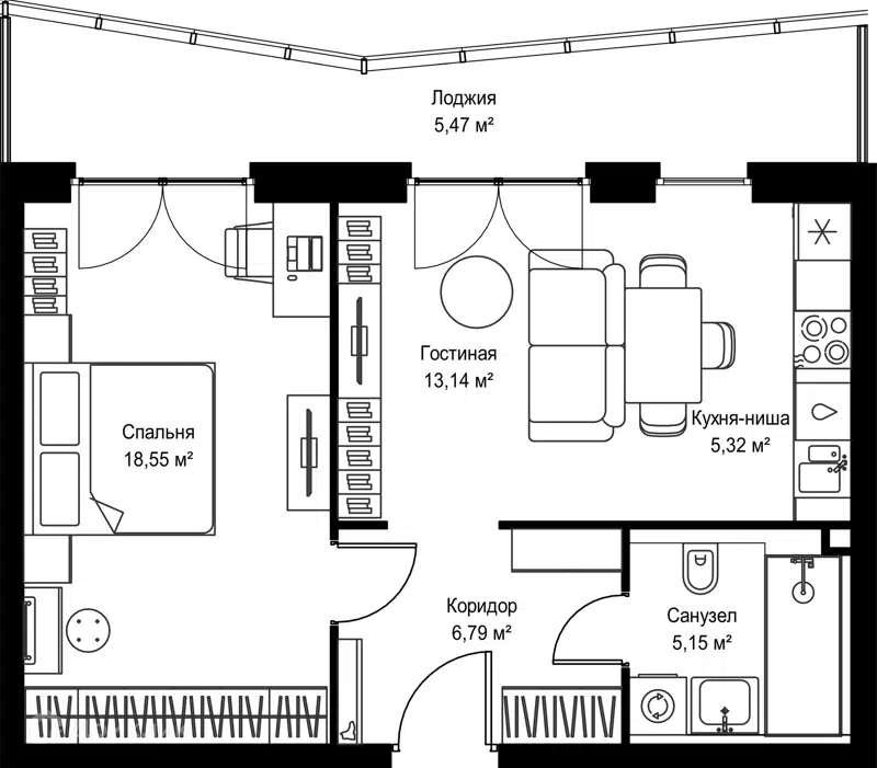 1-комнатная квартира 54.42 м² Селигер Сити