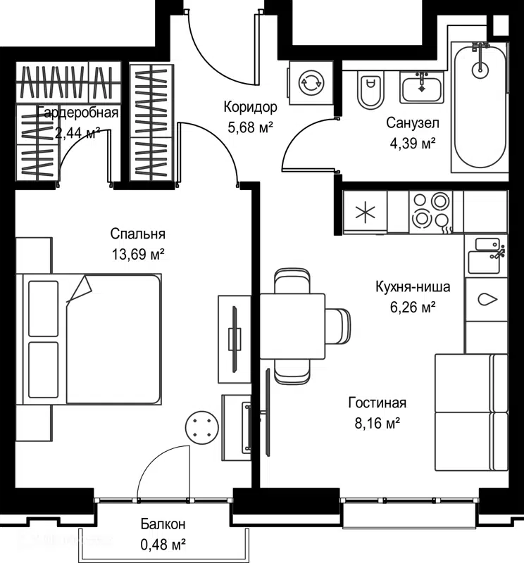 1-комнатная квартира 41.1 м² Селигер Сити