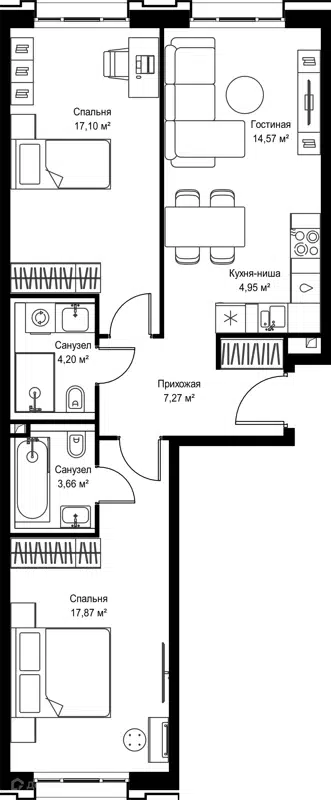 2-комнатная квартира 69.62 м² Селигер Сити