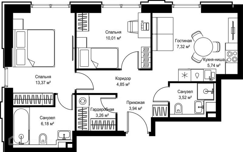 2-комнатная квартира 58.19 м² Селигер Сити