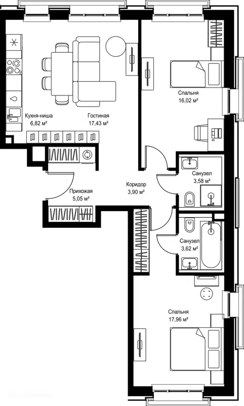 2-комнатная квартира 74.38 м² Селигер Сити