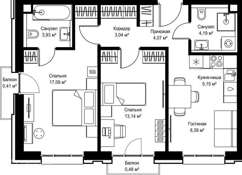 2-комнатная квартира 59.89 м² Селигер Сити