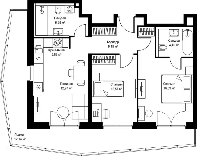 2-комнатная квартира 77.41 м² Селигер Сити