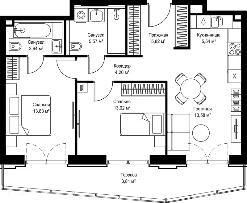 2-комнатная квартира 69.31 м² Селигер Сити