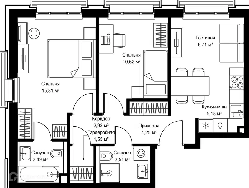 2-комнатная квартира 55.45 м² Селигер Сити