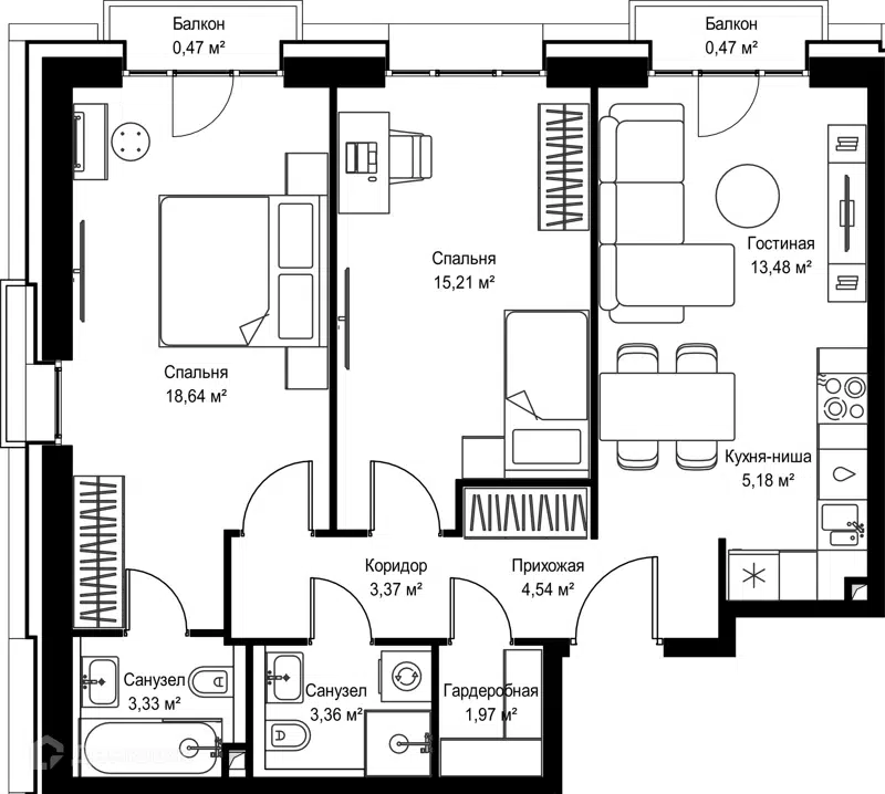 2-комнатная квартира 70.02 м² Селигер Сити