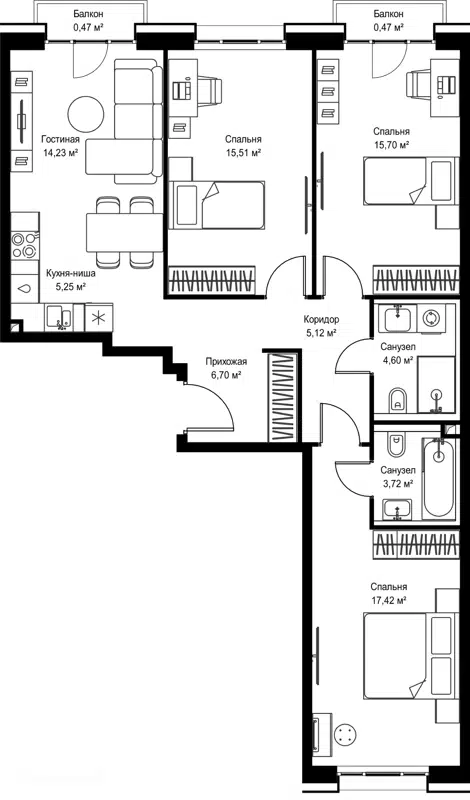 3-комнатная квартира 89.19 м² Селигер Сити