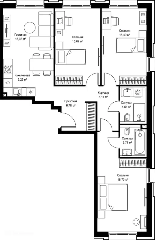 3-комнатная квартира 90.39 м² Селигер Сити