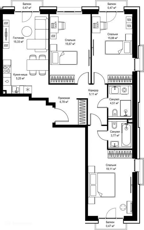3-комнатная квартира 92.82 м² Селигер Сити