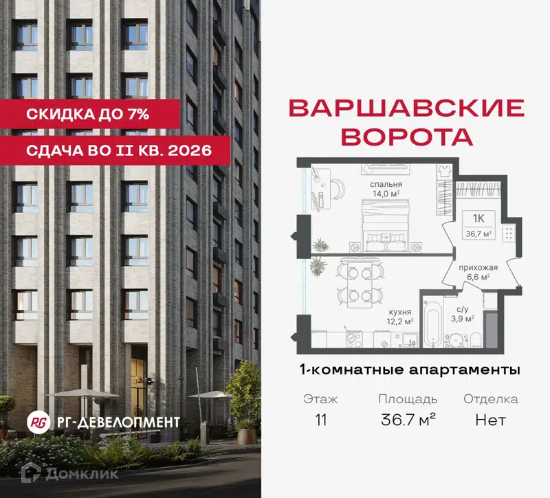 1-комнатная квартира 36.7 м² Варшавские ворота