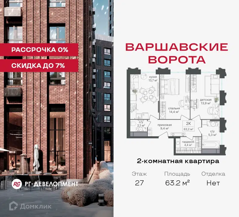 2-комнатная квартира 63.2 м² Варшавские ворота