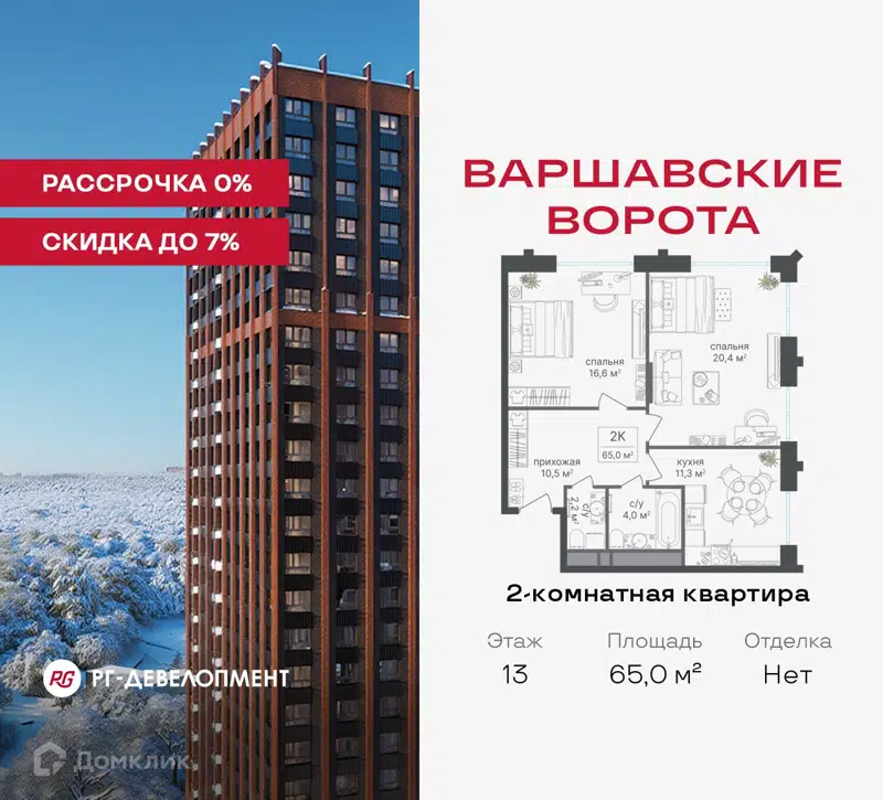 2-комнатная квартира 65 м² Варшавские ворота