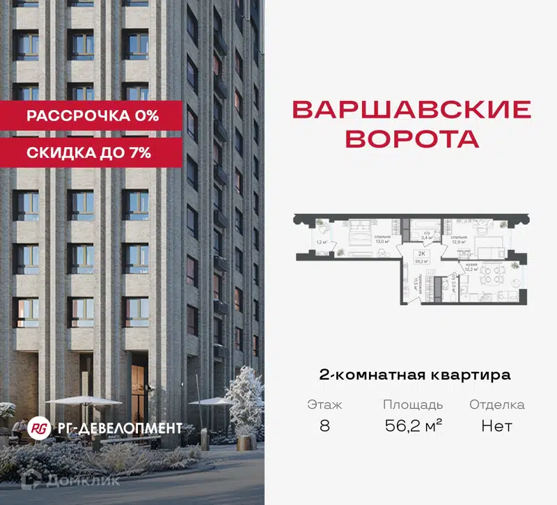 2-комнатная квартира 56.2 м² Варшавские ворота