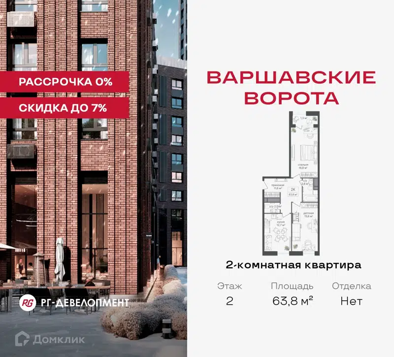 2-комнатная квартира 63.8 м² Варшавские ворота