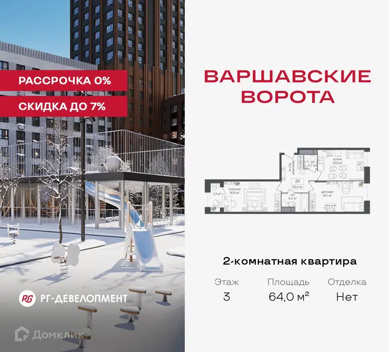 2-комнатная квартира 64 м² Варшавские ворота