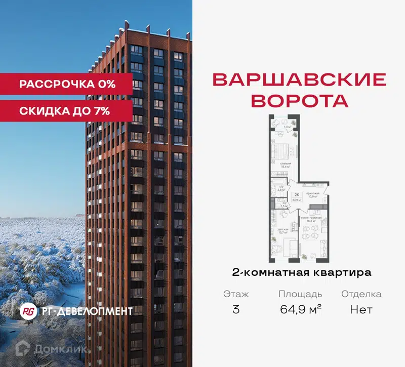 2-комнатная квартира 64.9 м² Варшавские ворота