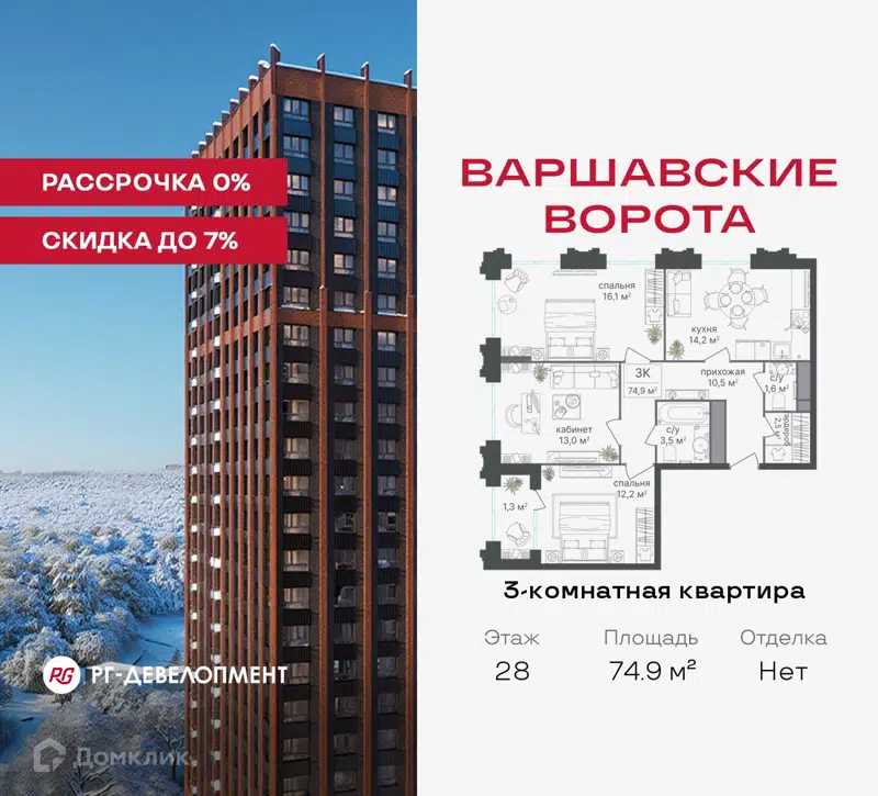 3-комнатная квартира 74.9 м² Варшавские ворота